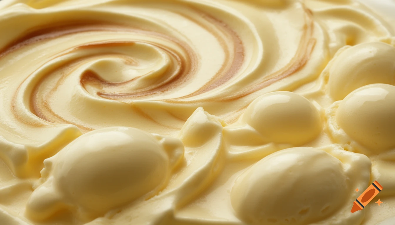 Close-up, photorealistic view of creamy Zabaione ice cream with light brown swirls and smooth scoops.
