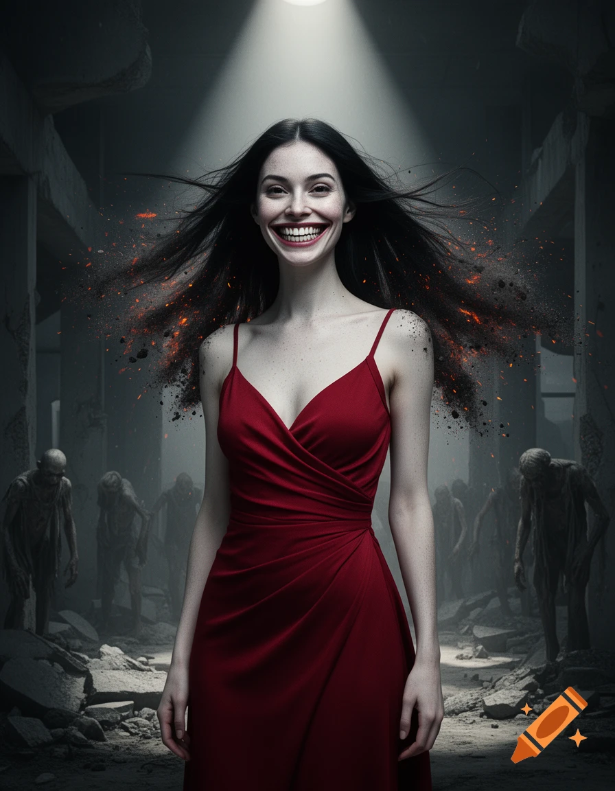 Photorealistic portrait of a woman in a red dress with a wide, unsettling smile, her hair dissolving into ash, standing in crumbling ruins with zombie-like figures in the background.