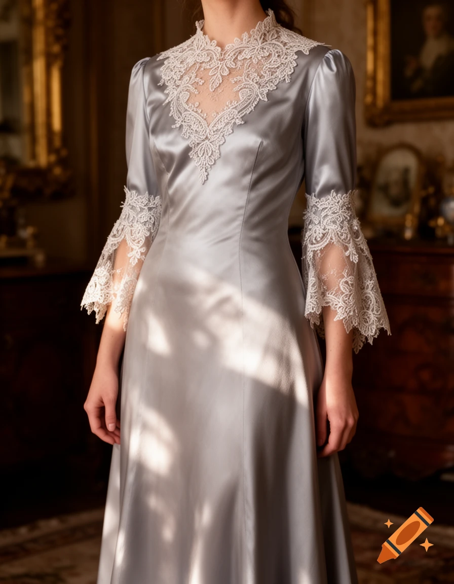Close-up of a woman in an elegant silver satin gown with delicate white lace on the high collar and bell sleeves.