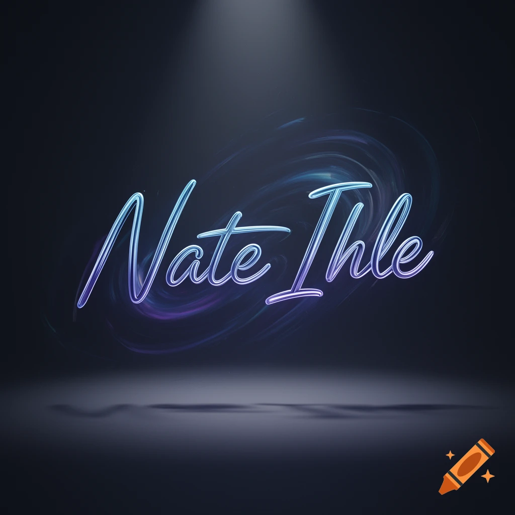 Glowing blue and purple neon text spells 'Nate Ihle' on a dark background with subtle spotlighting and a swirling effect.
