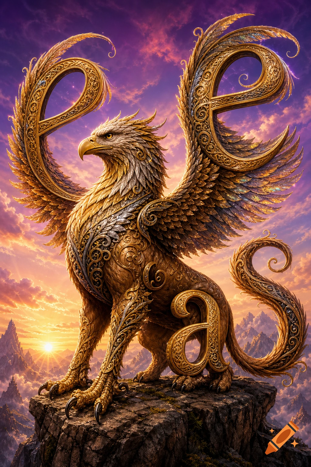 An ornate golden griffin with wings shaped like the letter 'e', a tail like the letter 's', and legs incorporating the letter 'a', stands on a rocky mountain peak at sunset.