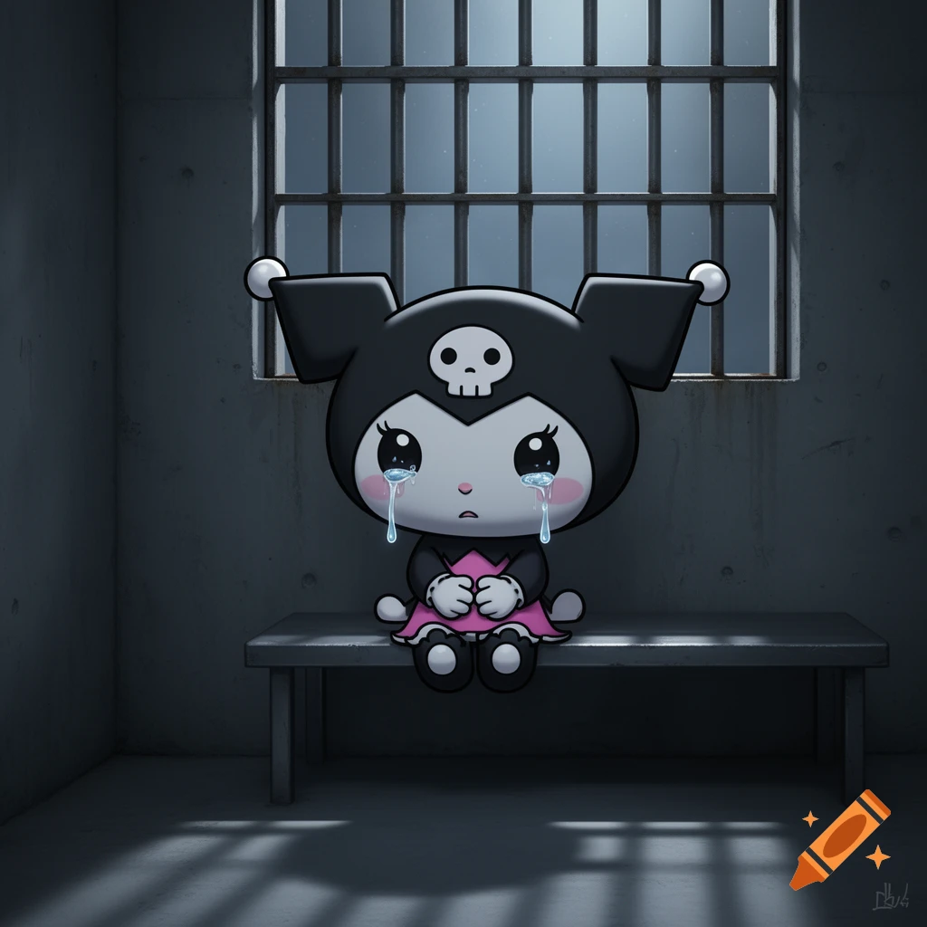 Kuromi, a black and white cartoon character, sits crying on a bench in a dimly lit prison cell, light filtering through barred windows.