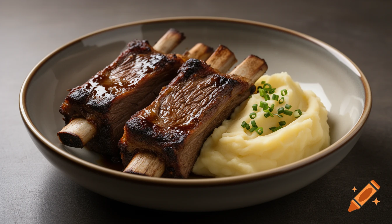 Two glazed beef ribs with mashed potatoes topped with chives, served in a grey bowl.