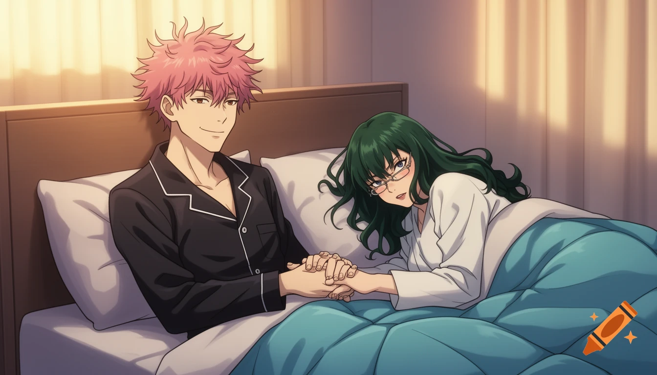 An anime man with pink hair and a woman with green hair lie in bed, holding hands.