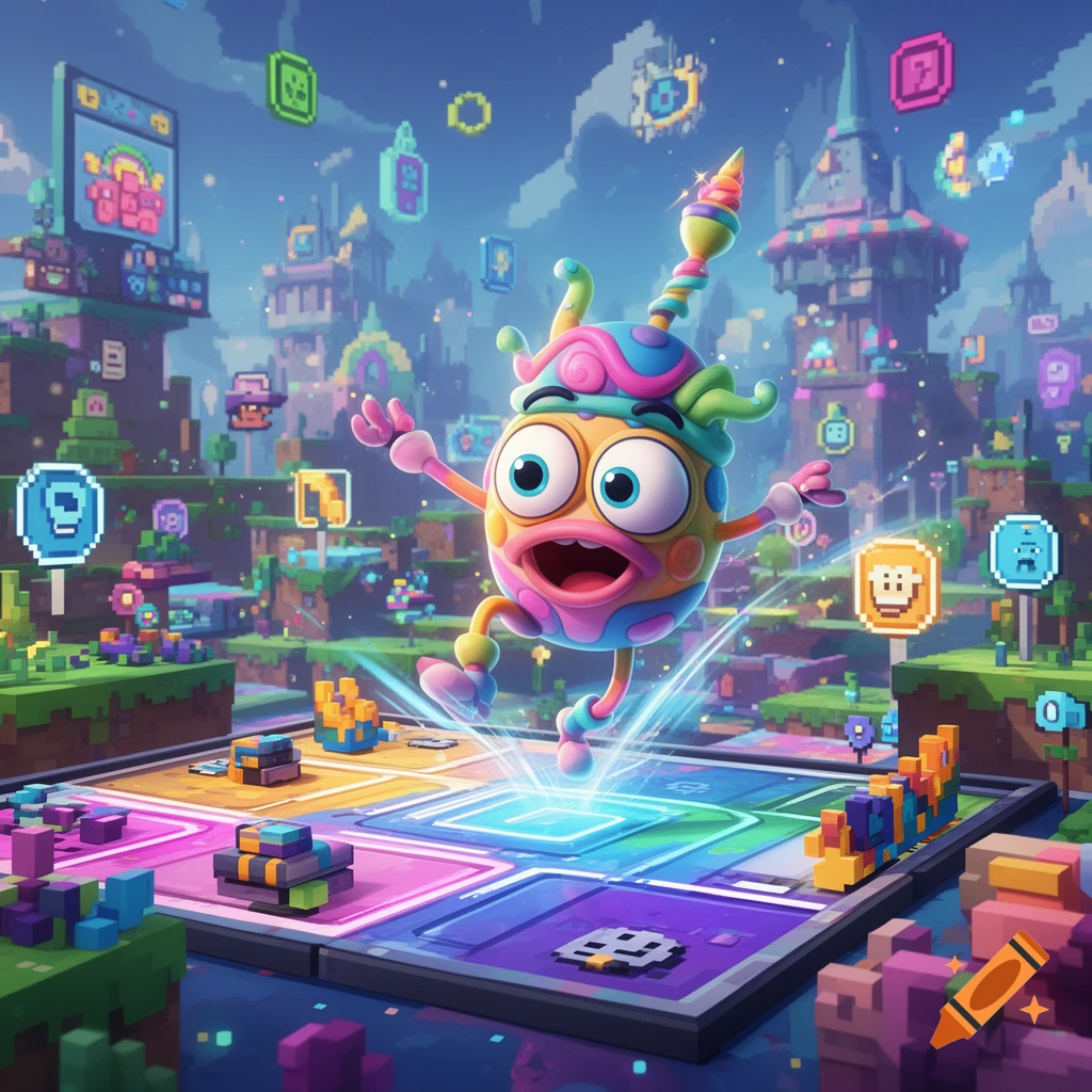 A colorful, wide-eyed cartoon character with a swirled hat jumps on a vibrant game board in a pixelated fantasy world with floating icons.