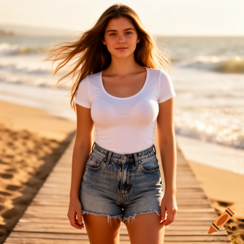 A young woman in a white t-shirt and denim shorts stands on a boardwalk at a sunny beach.