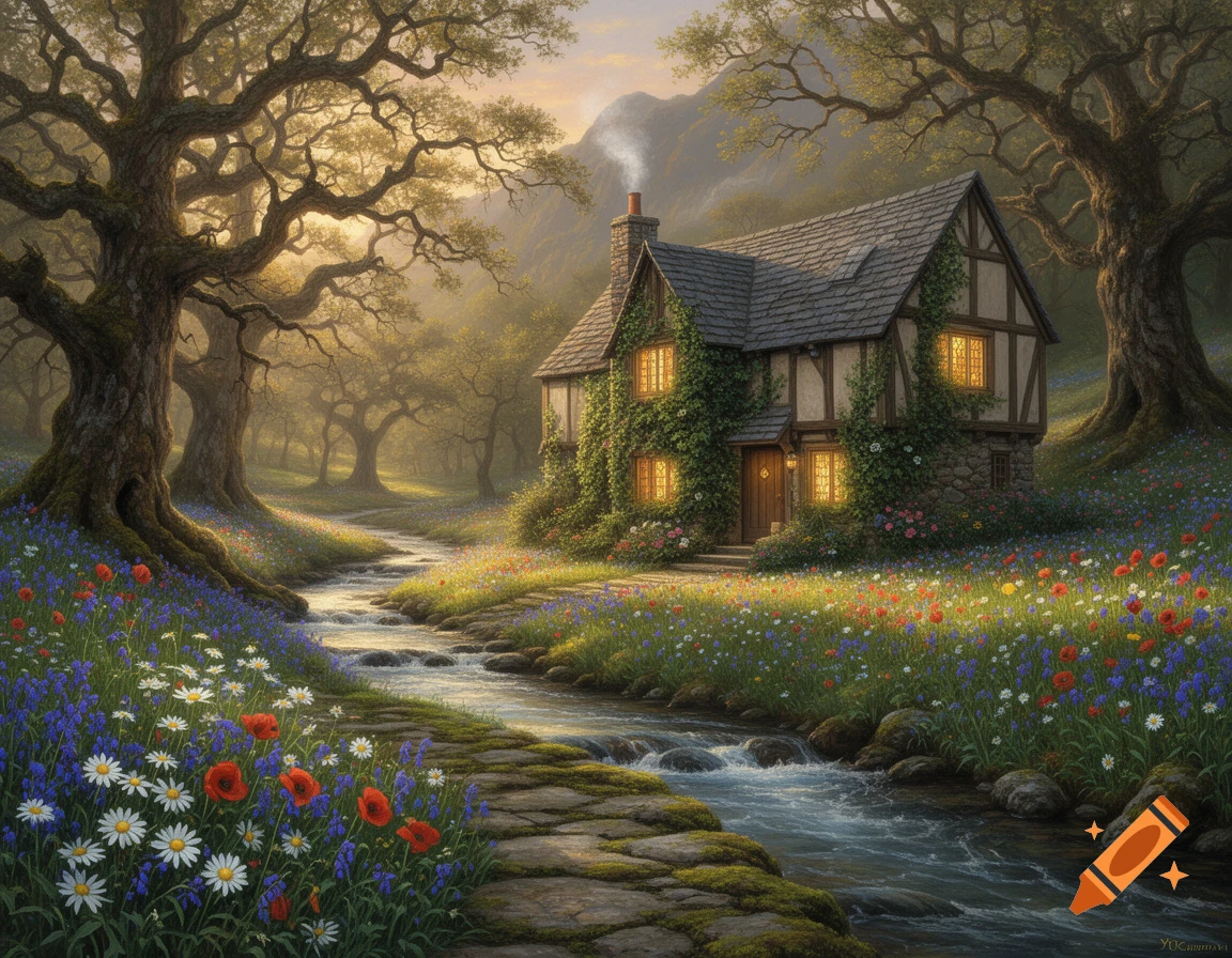 A fairytale cottage with glowing windows sits by a winding stream lined with colorful wildflowers and ancient trees in a serene, golden hour landscape.