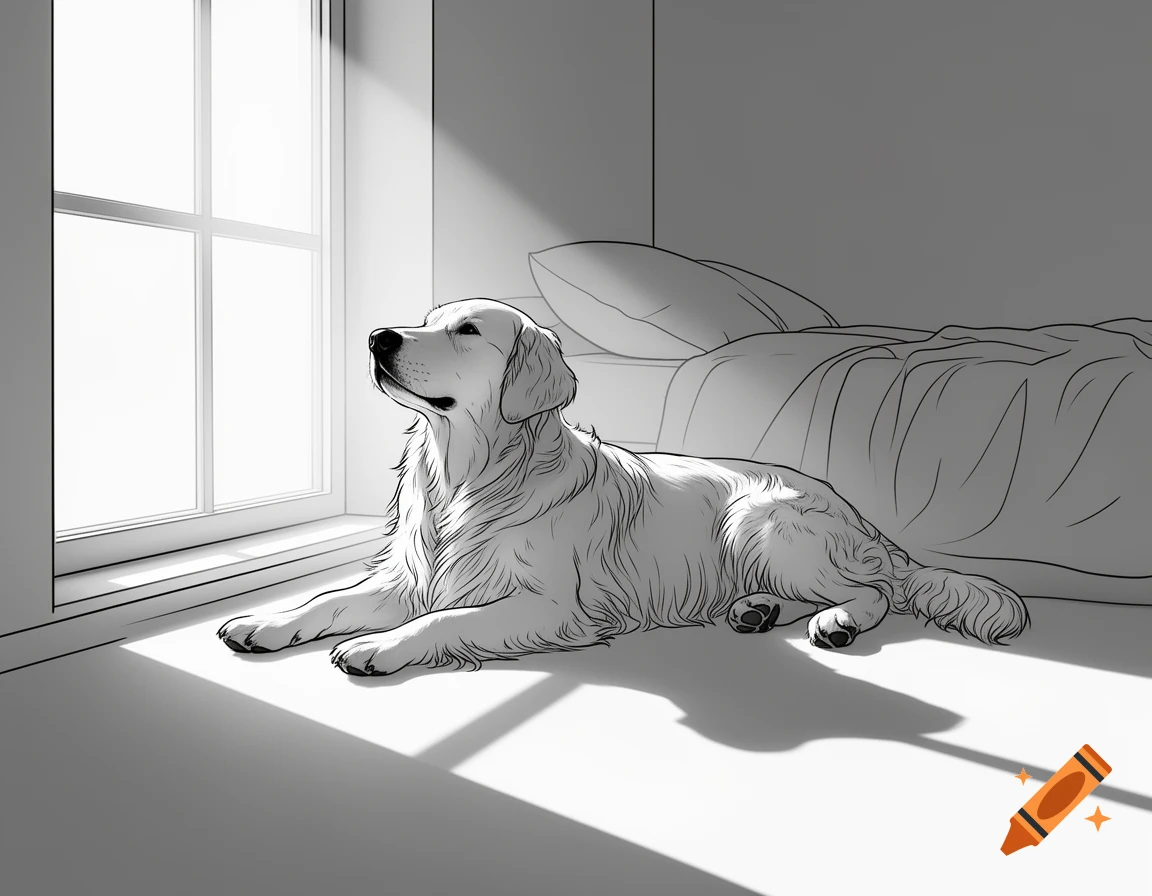 Minimalist black and white line drawing of a Golden Retriever lying by a sunlit window with a bed in the background.