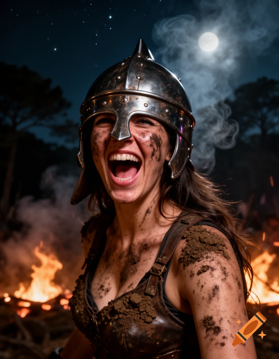 A woman in a metal battle helmet, covered in dirt, screams with enjoyment against a fiery night sky with a full moon.