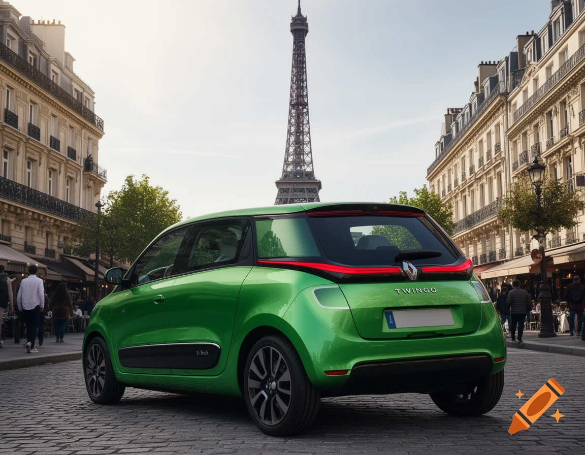 Rear view of a green Renault Twingo E-Tech on a cobblestone street in Paris, with the Eiffel Tower and classic buildings.