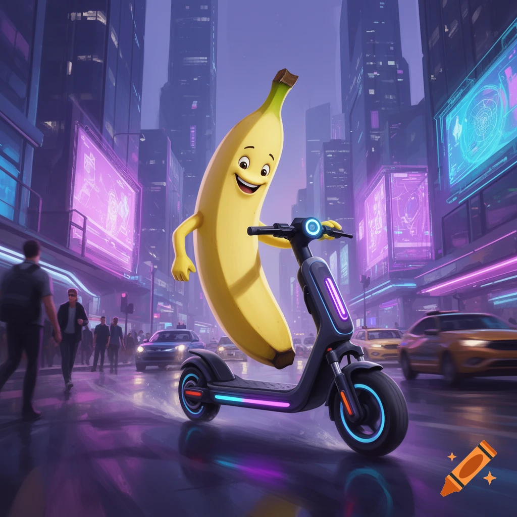 A smiling cartoon banana character, Peely from Fortnite, rides an electric scooter through a neon-lit futuristic city at night.