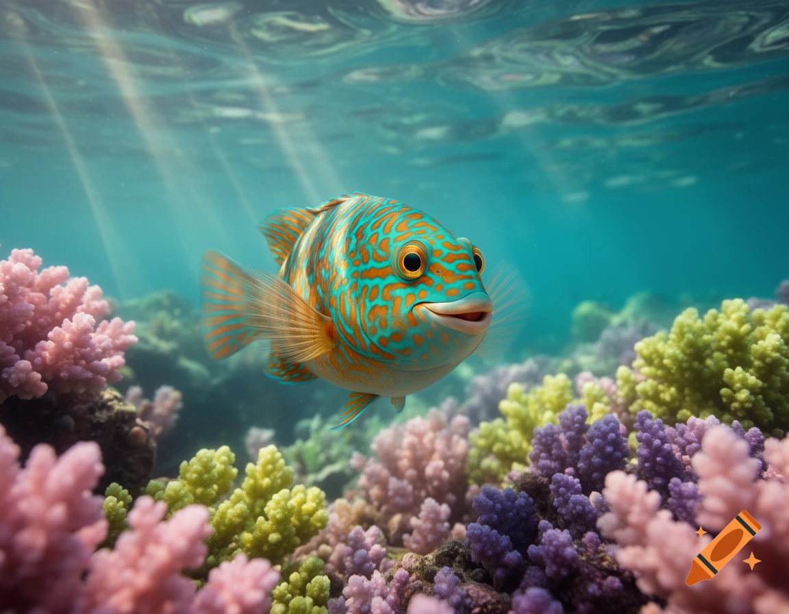 A vibrant, photorealistic smiling fish swims amidst colorful coral reef with sun rays shining through the clear blue water.