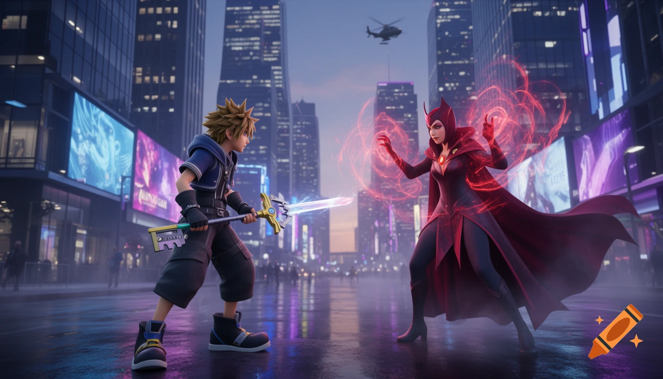 Sora from Kingdom Hearts with a keyblade faces Scarlet Witch, who emits red magic, in a futuristic city at dusk.