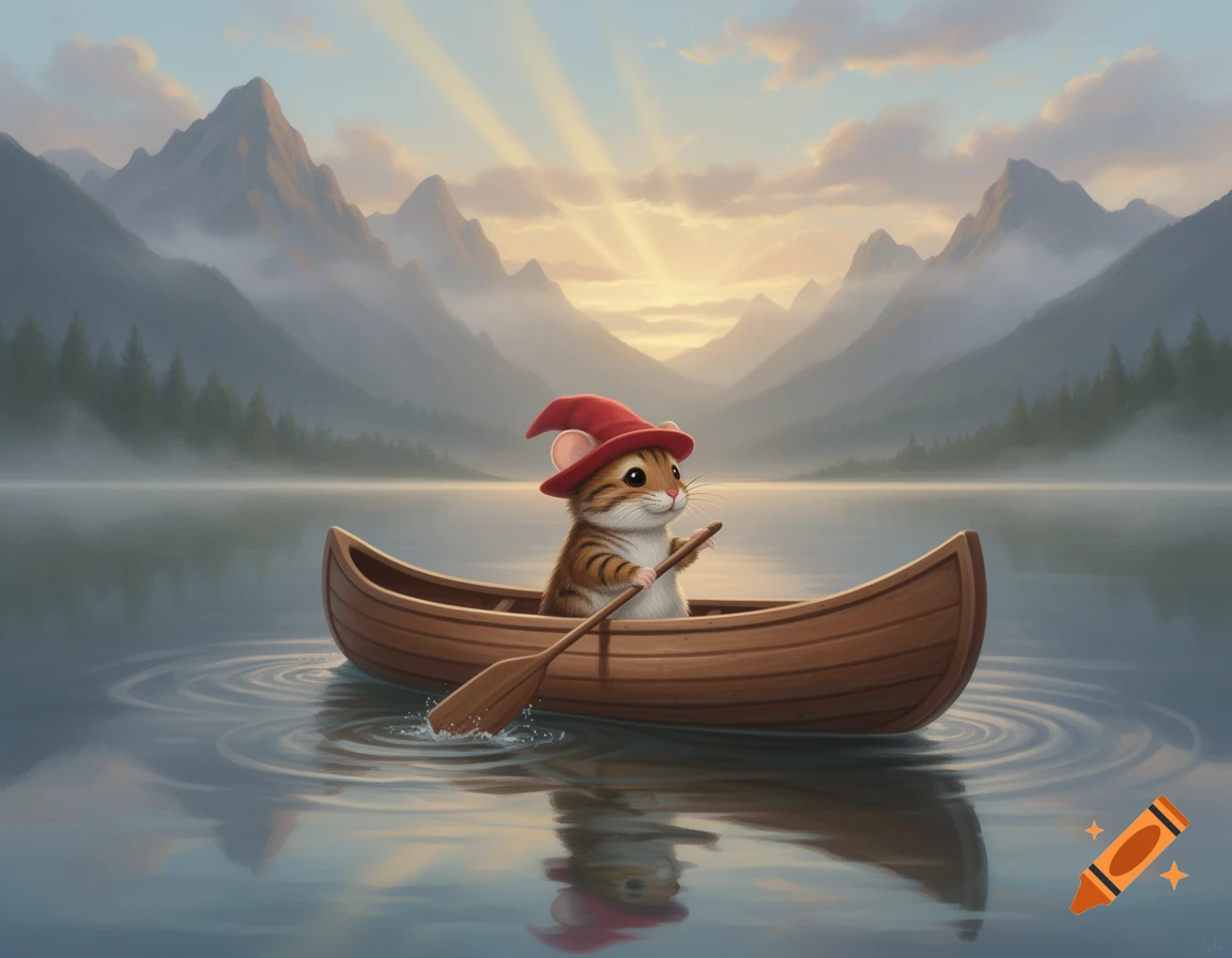 A cute striped mouse in a red wizard hat paddles a canoe on a calm lake, with misty mountains and a sunrise sky.