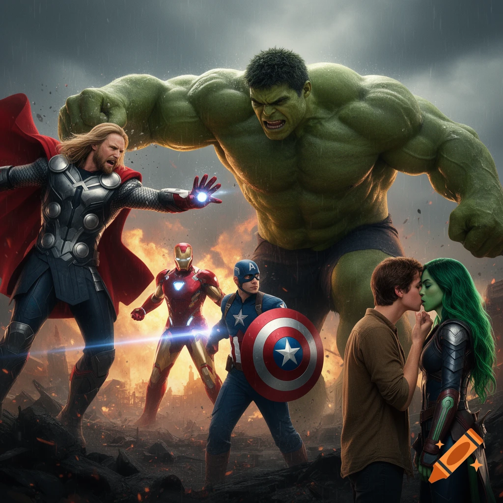 Hulk, Thor, Iron Man, and Captain America battle on a ruined cityscape, while a man kisses a green-skinned woman (Gamora) in the foreground.