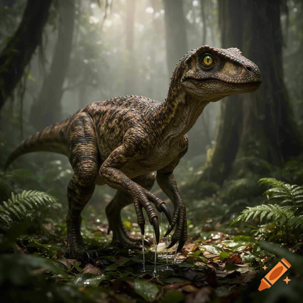 A photorealistic Velociraptor with yellow eyes stands in a misty, sunlit jungle, water dripping from its claws.