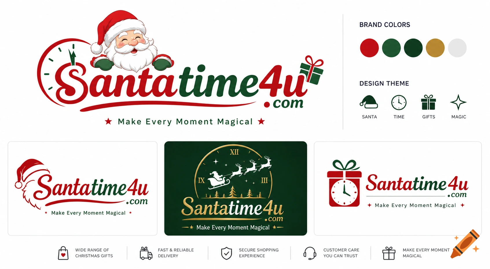 Branding presentation for Santatime4u.com, featuring multiple Christmas-themed logos with Santa, clocks, gifts, and reindeer, alongside brand colors and service icons.