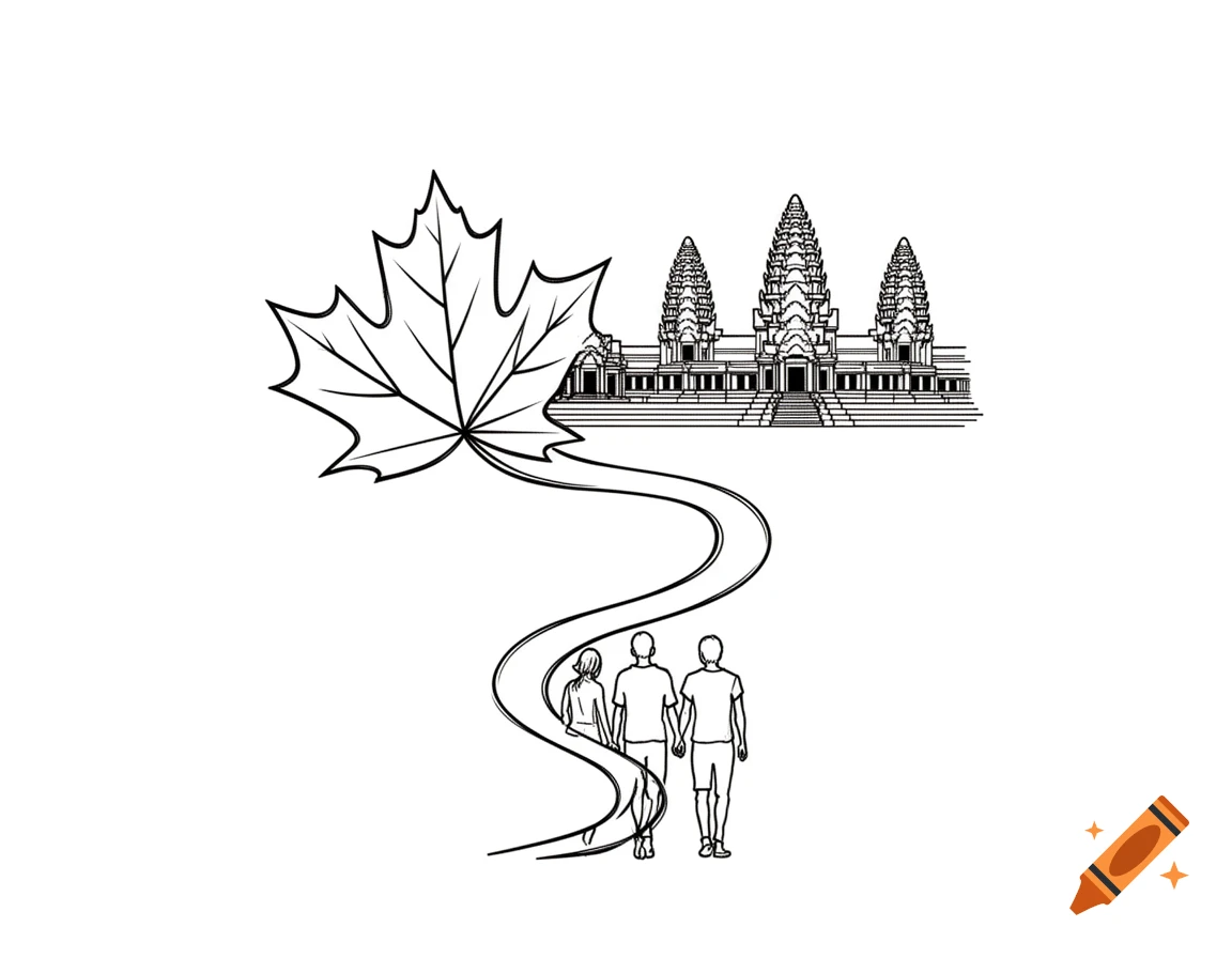 Minimalist fineline illustration of a maple leaf and Angkor Wat temple connected by a winding path where three people walk.