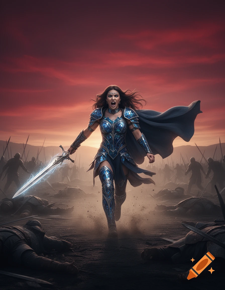A fierce female warrior in blue armor charges with a glowing sword on a battlefield under a dramatic red sky.