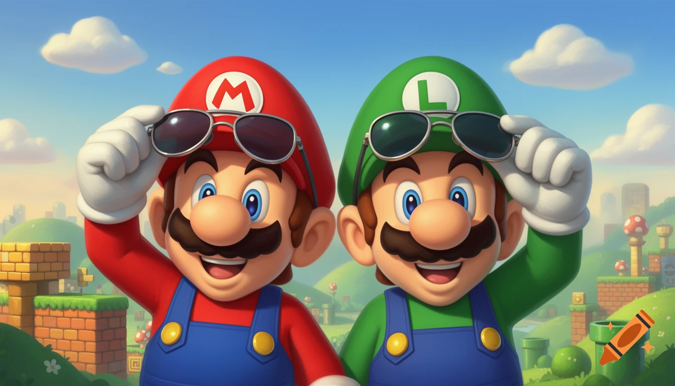 Mario and Luigi smiling and lifting their sunglasses on their foreheads in a vibrant, cartoonish video game landscape.