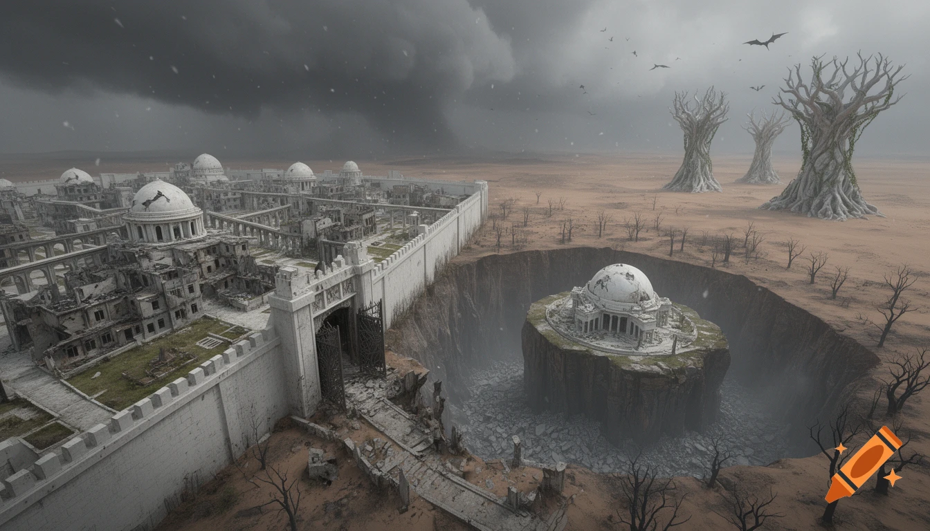 Aerial view of a ruined fantasy city with white domes and walls, a large sinkhole with a palace, colossal barren tree sculptures, and a stormy sky.