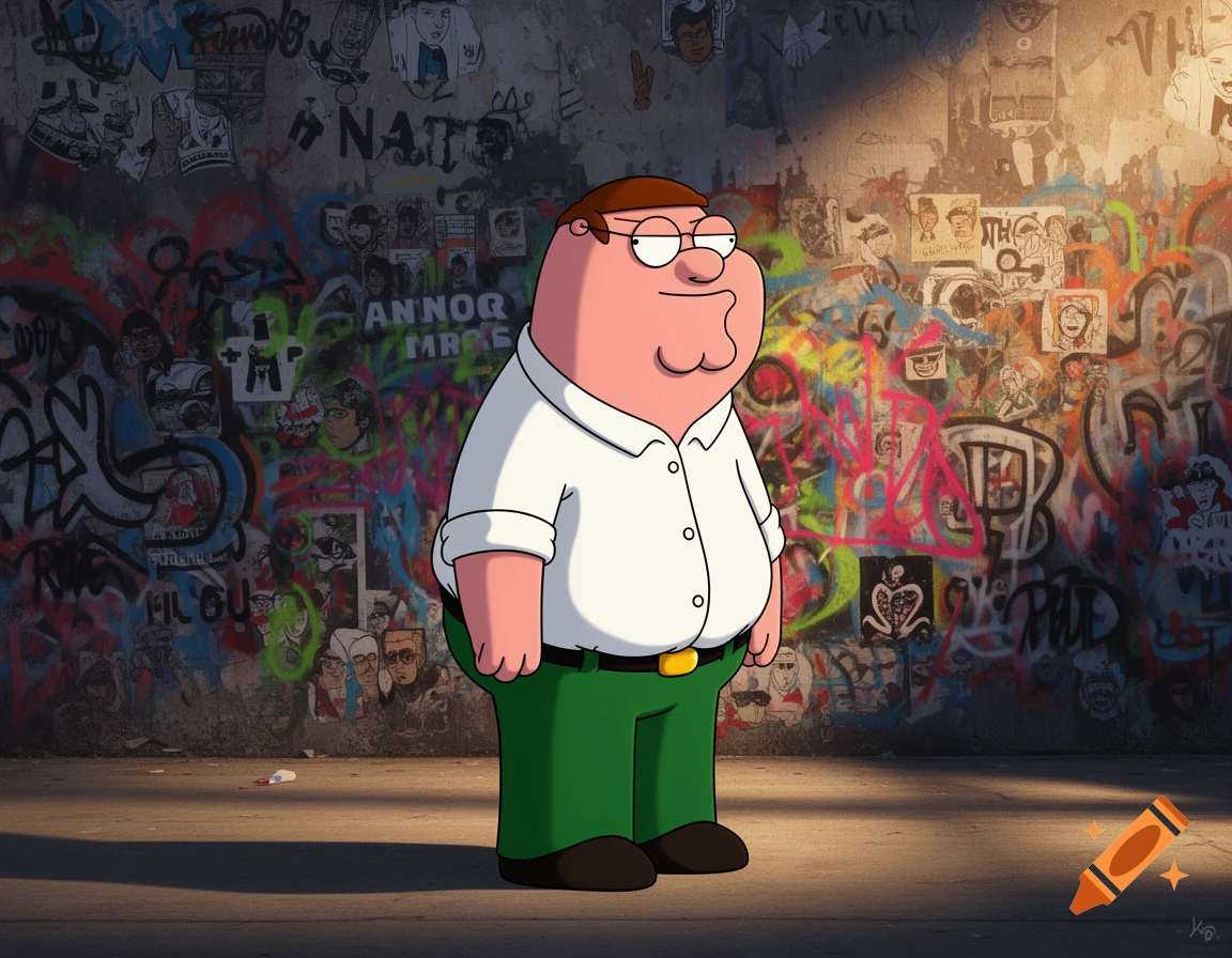 Peter Griffin stands nonchalantly in front of a colorful, graffiti-covered wall, bathed in sunlight.