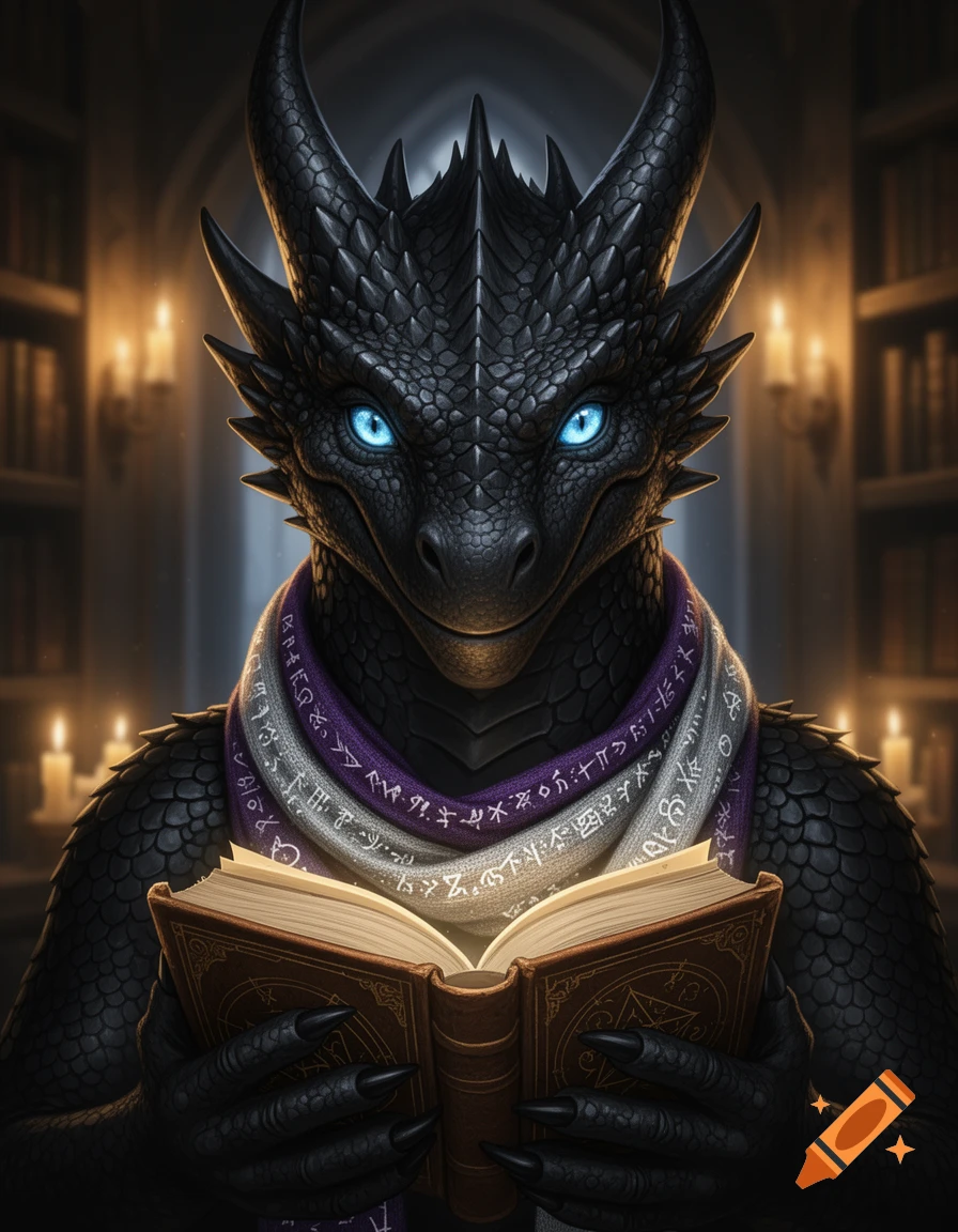 A detailed, dark fantasy portrait of a black dragon with glowing blue eyes, wearing a purple and white wizard scarf, reading an ancient spellbook in a dimly lit library.