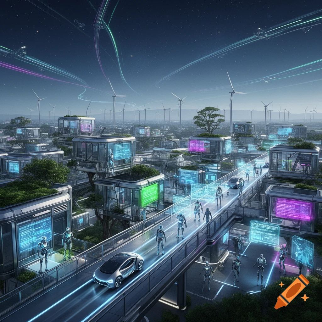 A futuristic city with an elevated road for a sleek silver car and robots, featuring glass buildings with glowing screens, green rooftops, and numerous wind turbines under a starry sky.