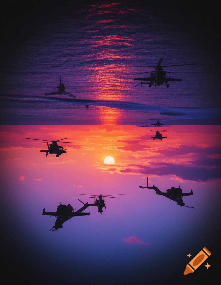 Silhouettes of helicopters and stylized aircraft fly across a dramatic purple and orange sunset, mirrored by its reflection on water above, in an album cover style.