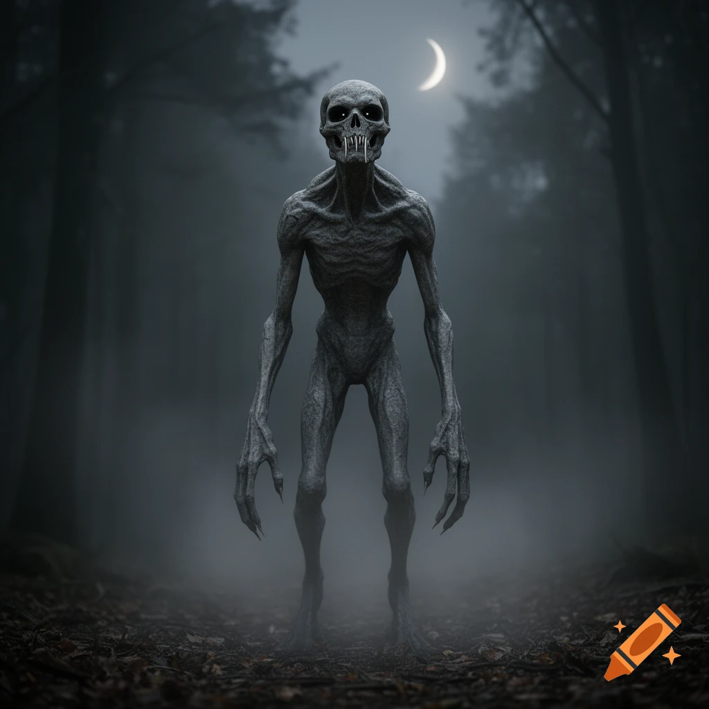 A lanky, gray, skeletal monster with sharp teeth and glowing eyes stands in a dark, foggy forest under a crescent moon.