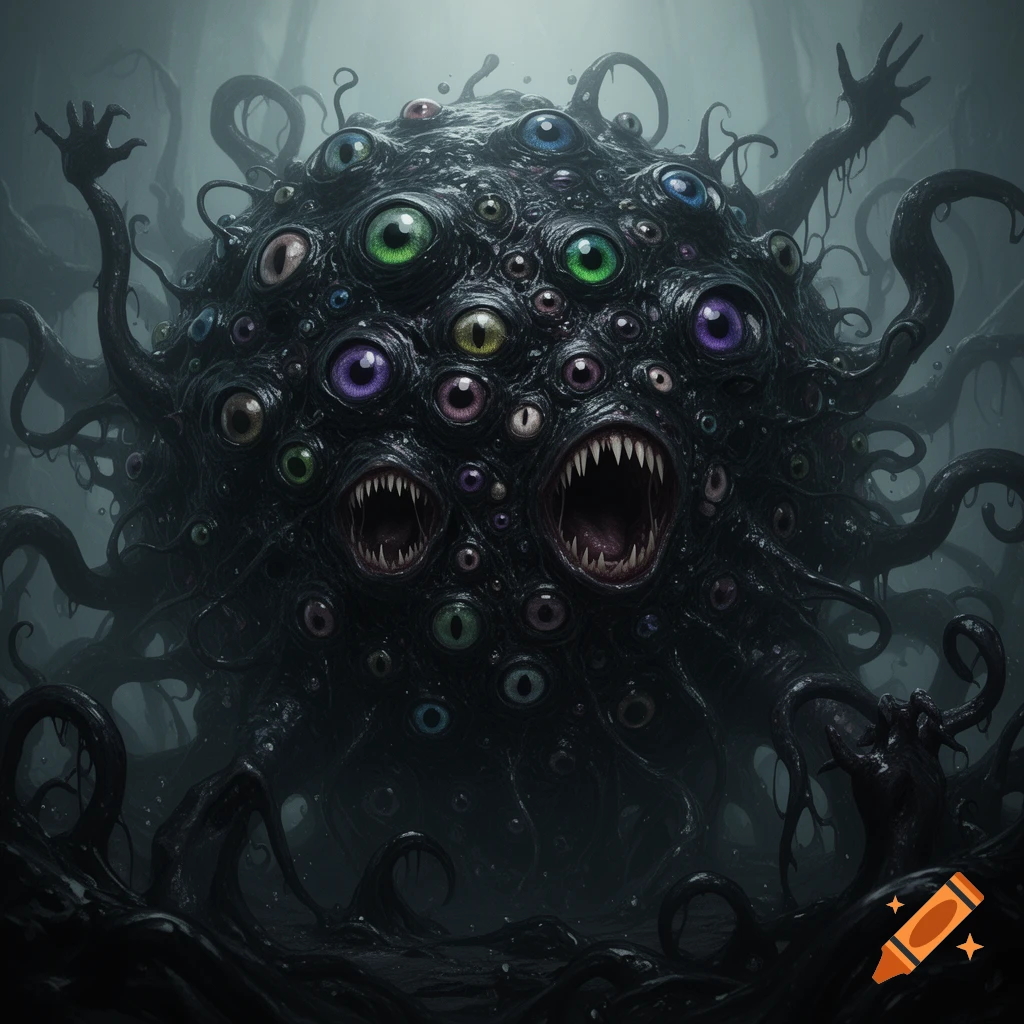 A dark, monstrous Lovecraftian shoggoth creature with multiple eyes, mouths, and tentacles emerging from a murky background.