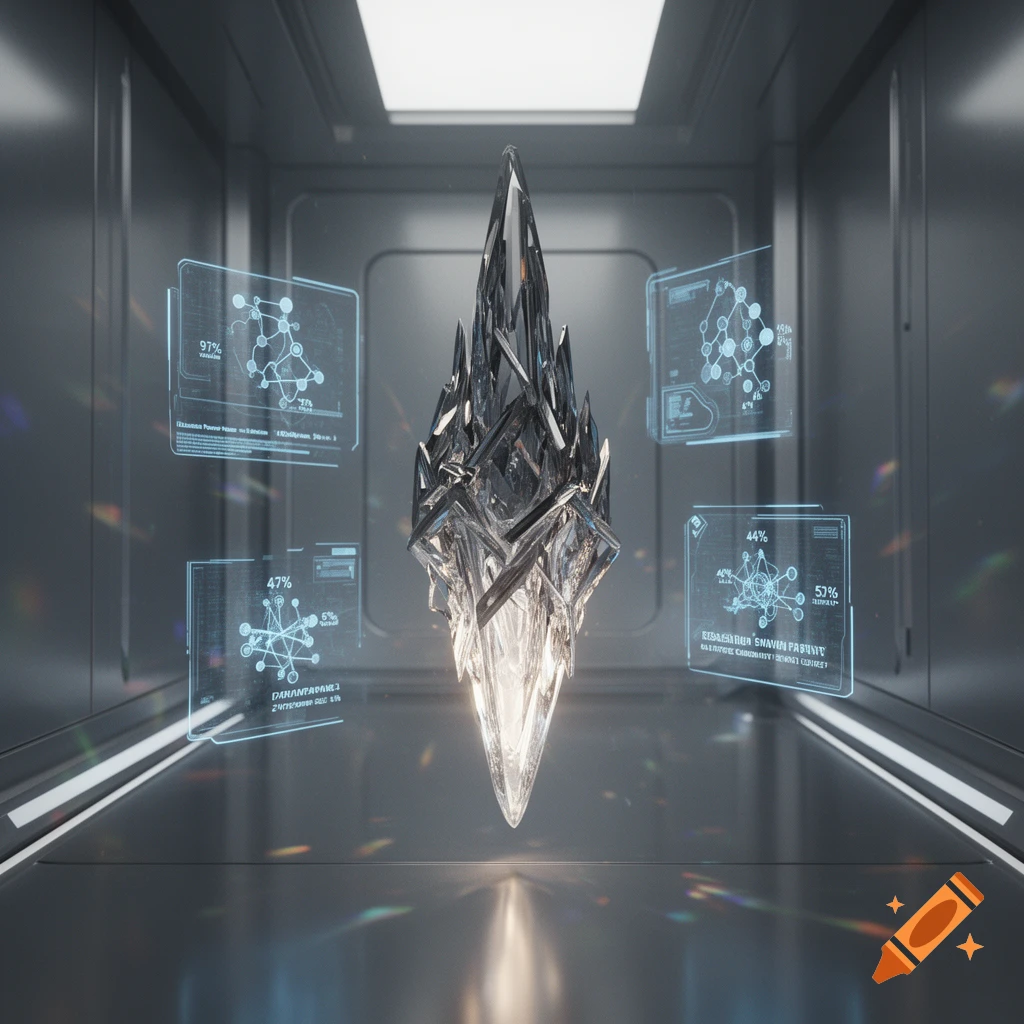 A large, glowing crystalline structure floats centrally in a futuristic, metallic room, surrounded by holographic data screens.
