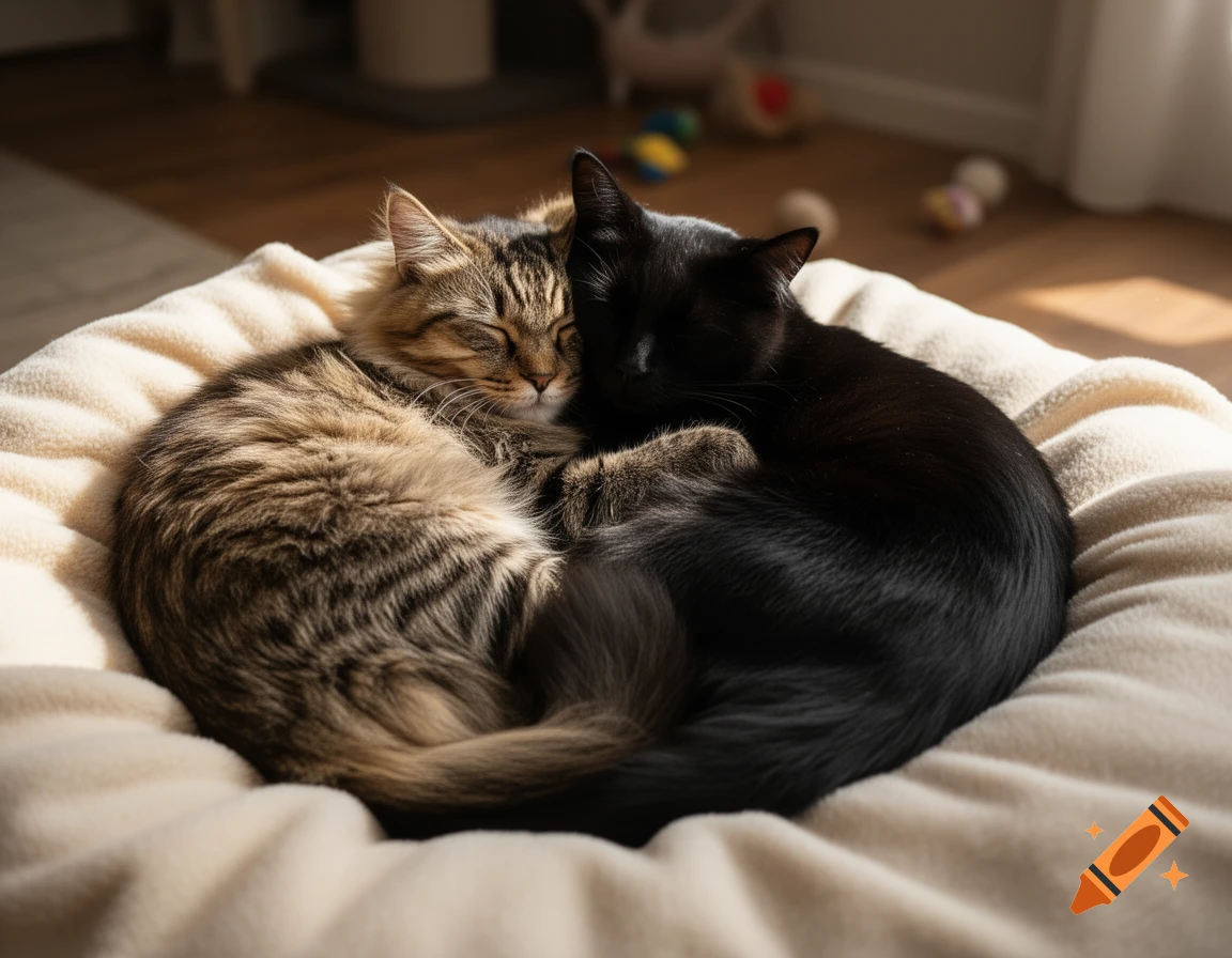 A photorealistic image of a tabby cat and a black cat curled up together, sleeping soundly on a cozy cream-colored blanket.