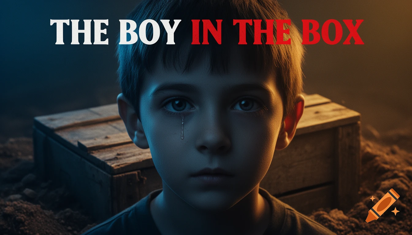 Close-up of a sad young boy with a tear running down his cheek, looking forward, with a wooden box behind him, and the title 'THE BOY IN THE BOX' above.