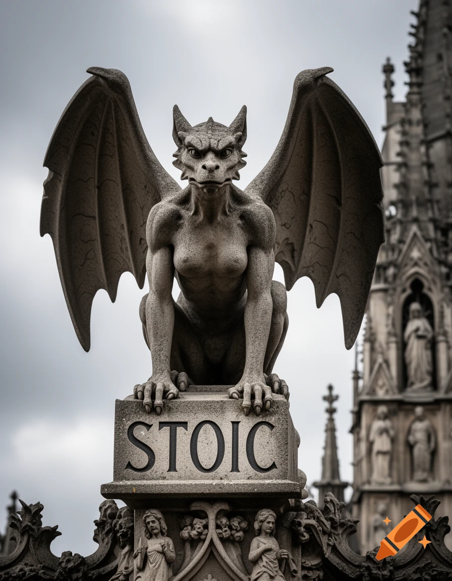 A detailed stone gargoyle statue with spread wings grips a podium inscribed with 'STOIC', set against a cloudy sky and cathedral spire.