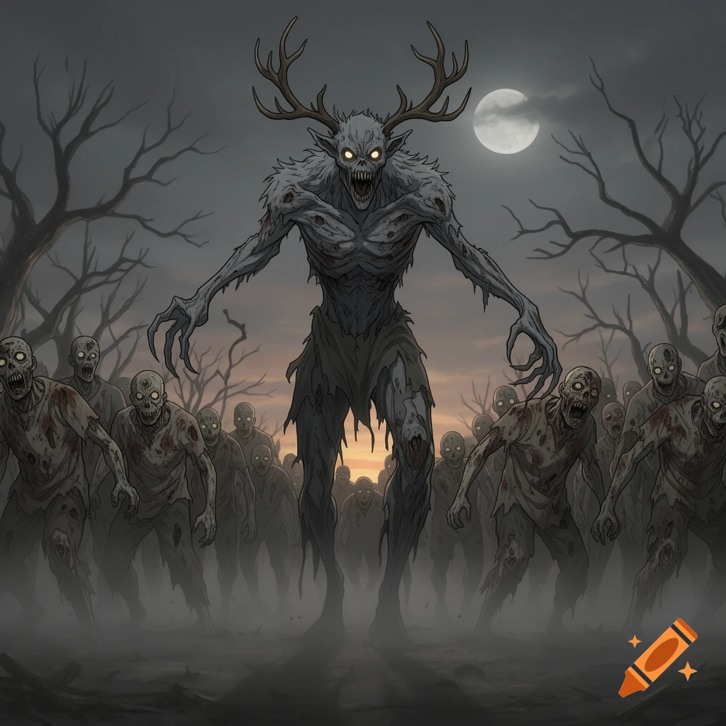 Stylized horror illustration of a horned wendigo creature leading a swarm of rotting zombies in a foggy, moonlit forest.