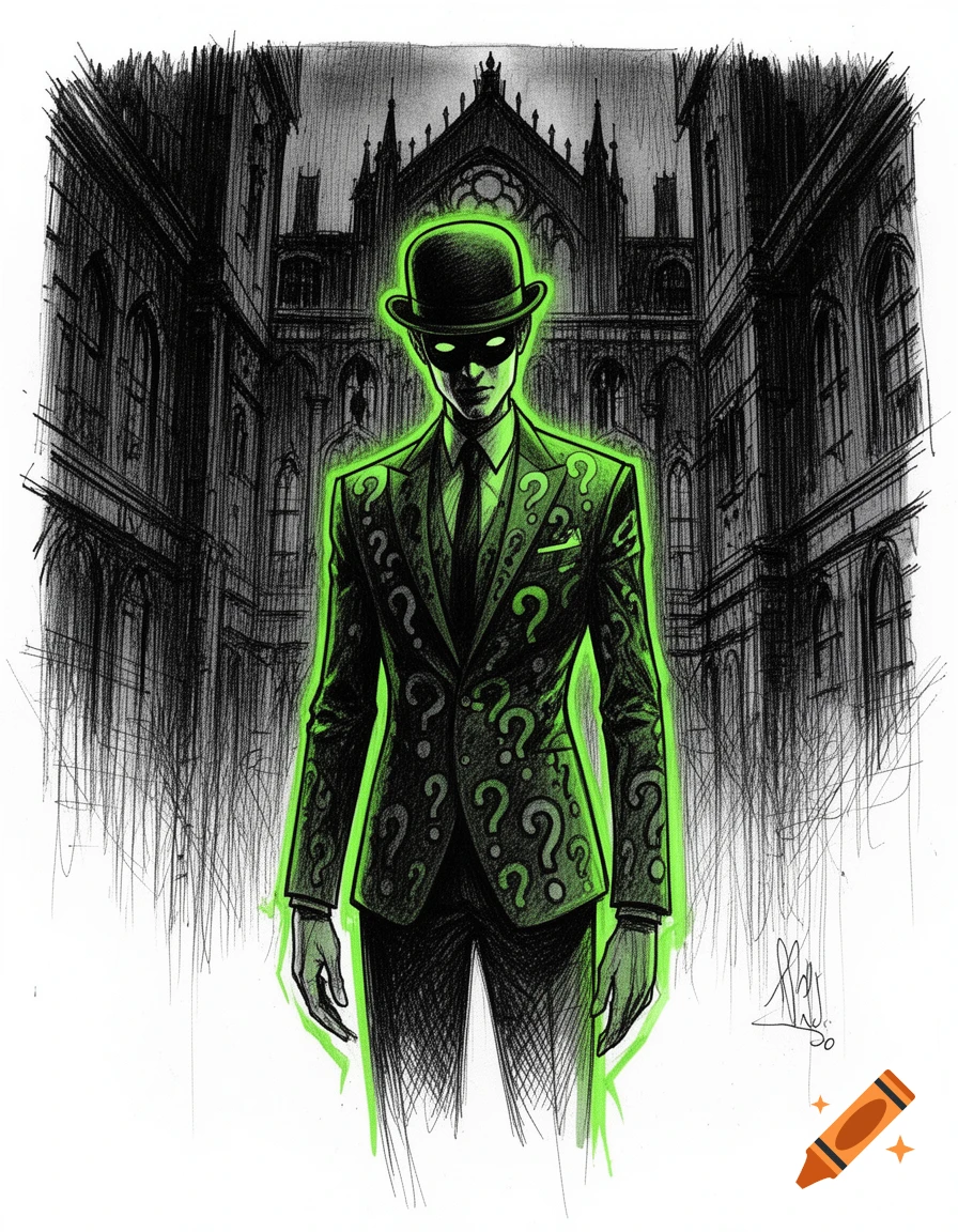 A stylized ink sketch of the Riddler, glowing green, standing before a dark, gothic building.