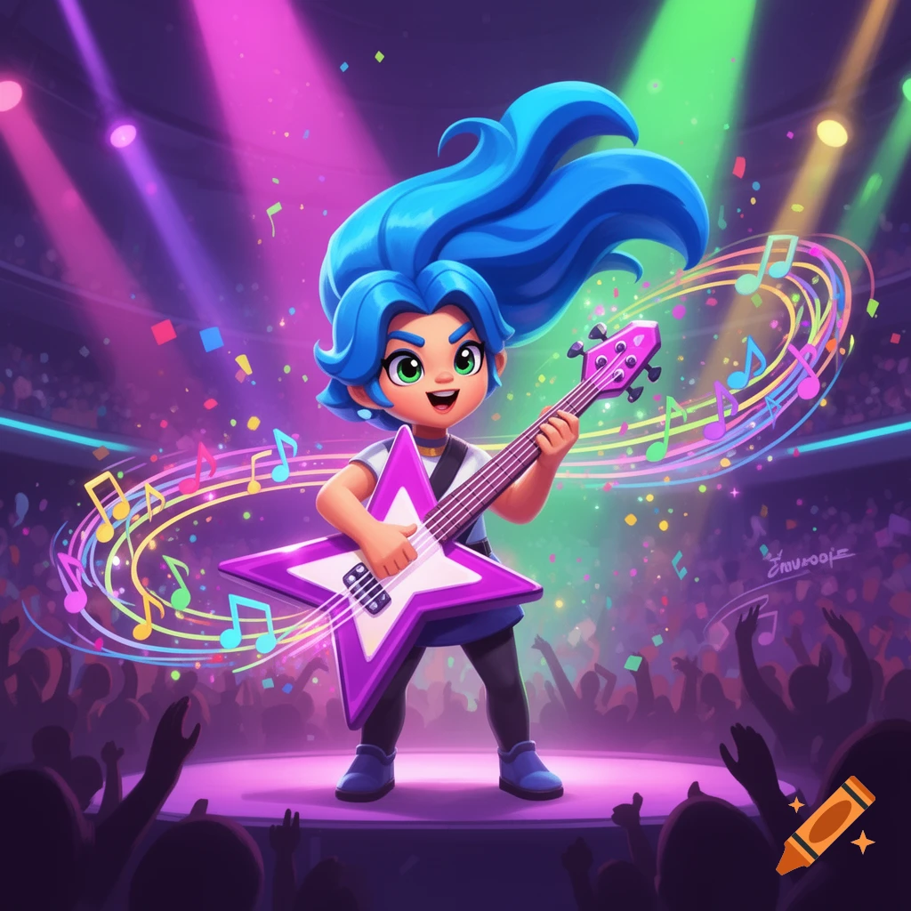 Vibrant cartoon character with blue hair playing a star-shaped purple guitar on a stage during a concert with colorful lights and confetti.