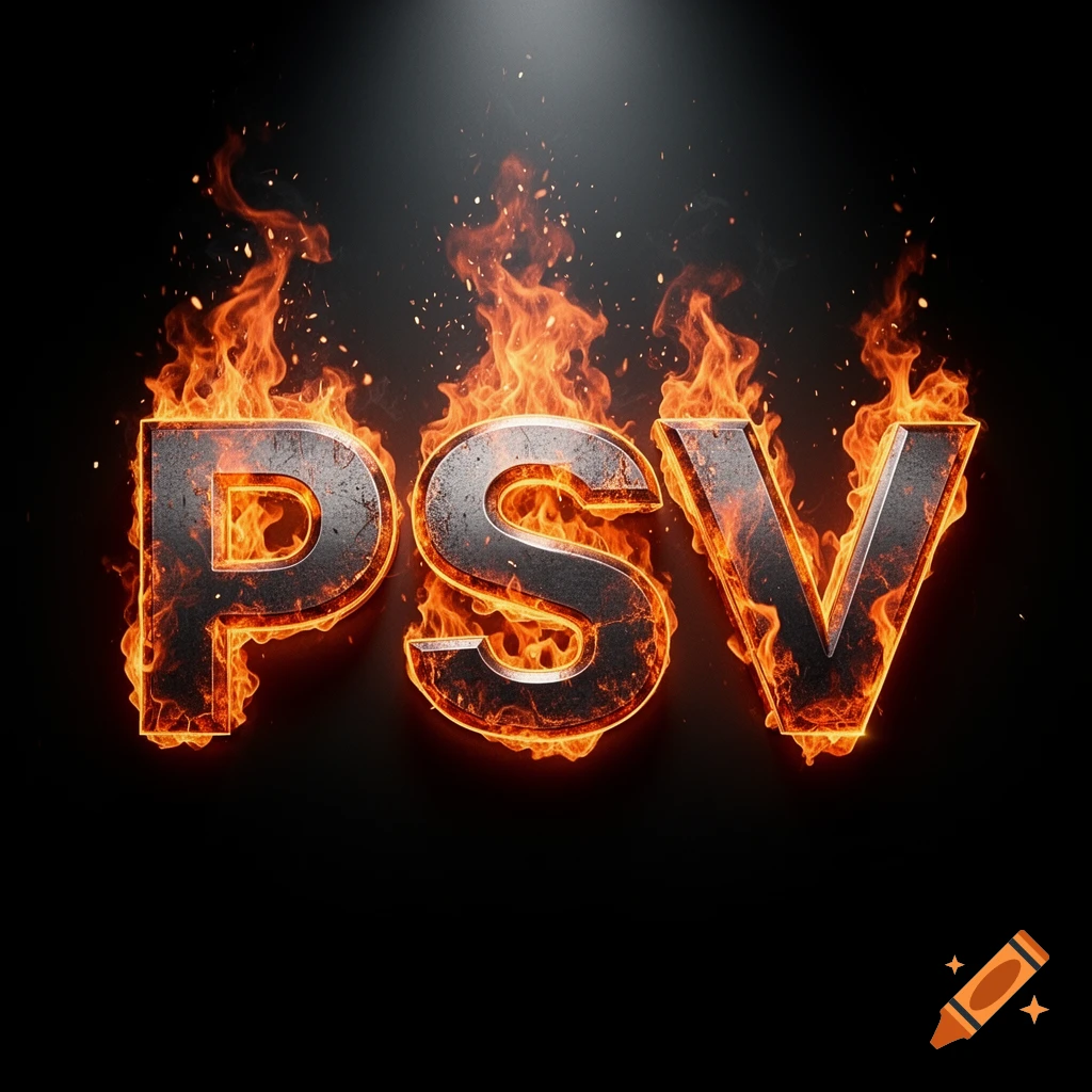 Metallic letters 'PSV' engulfed in realistic orange and yellow flames against a dark, smoky background.