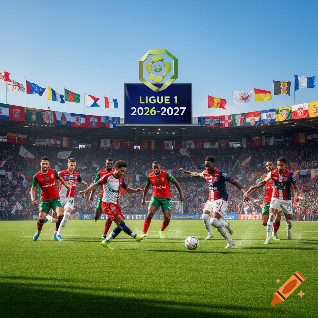 A vibrant, photorealistic image of a football match in a packed stadium under a clear blue sky, displaying "LIGUE 1 2026-2027" on a large screen with flags overhead. Players in red and white jerseys are actively competing on the green pitch.