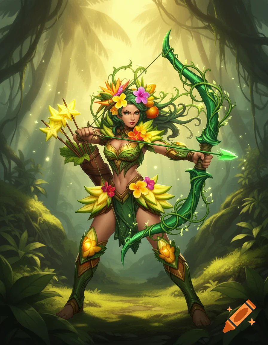 A vibrant starfruit female warrior with green hair and flowers, holding a leafy bow and starfruit arrows in a lush jungle.