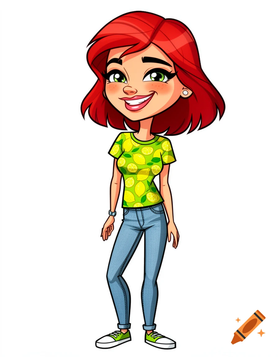 A smiling cartoon caricature of a woman with red hair, wearing a green t-shirt with lemon prints, blue jeans, and green sneakers.