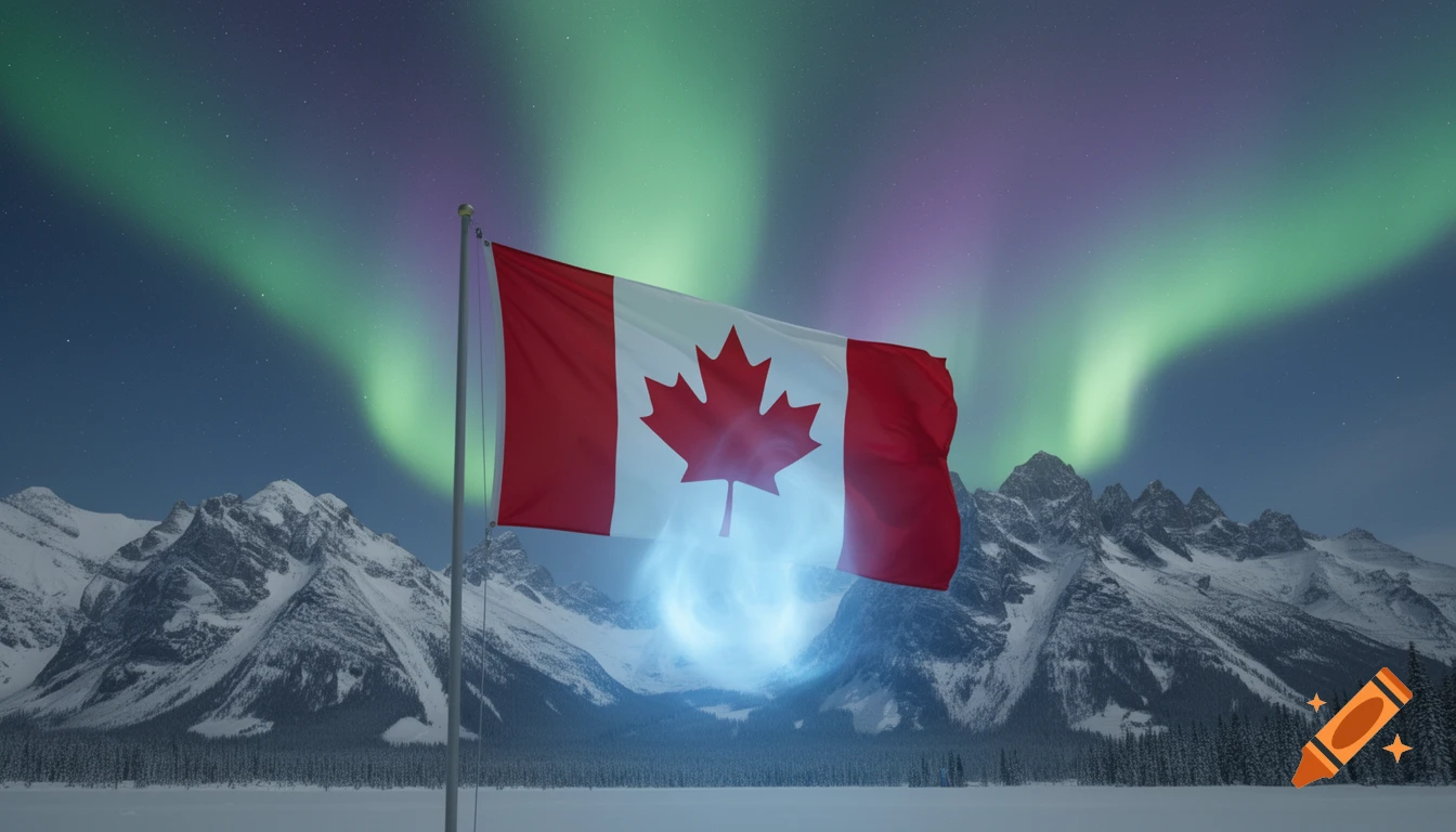 Photorealistic Canadian flag waving over snowy mountains and a frozen lake, with vibrant Northern Lights and a blue glow.