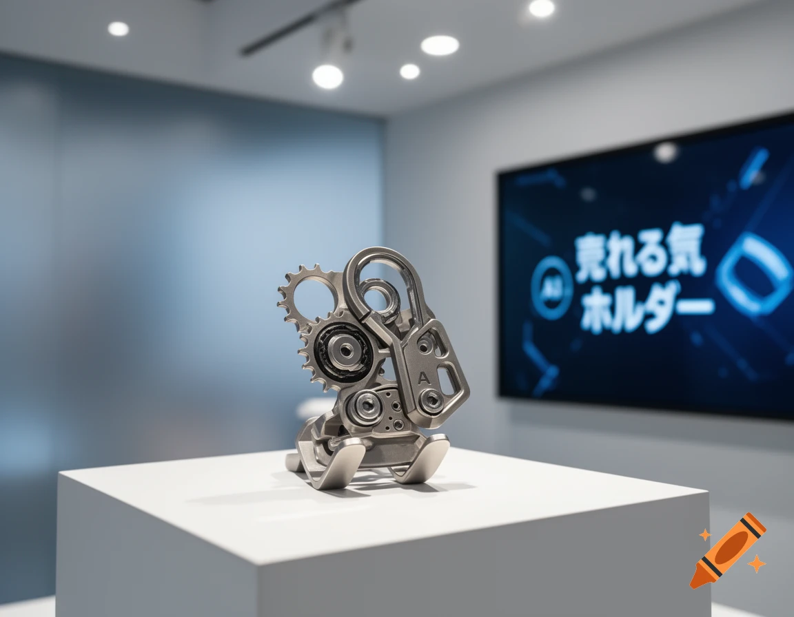 Photorealistic image of a sleek silver mechanical sculpture on a white pedestal, with a screen in the background displaying Japanese text related to AI.