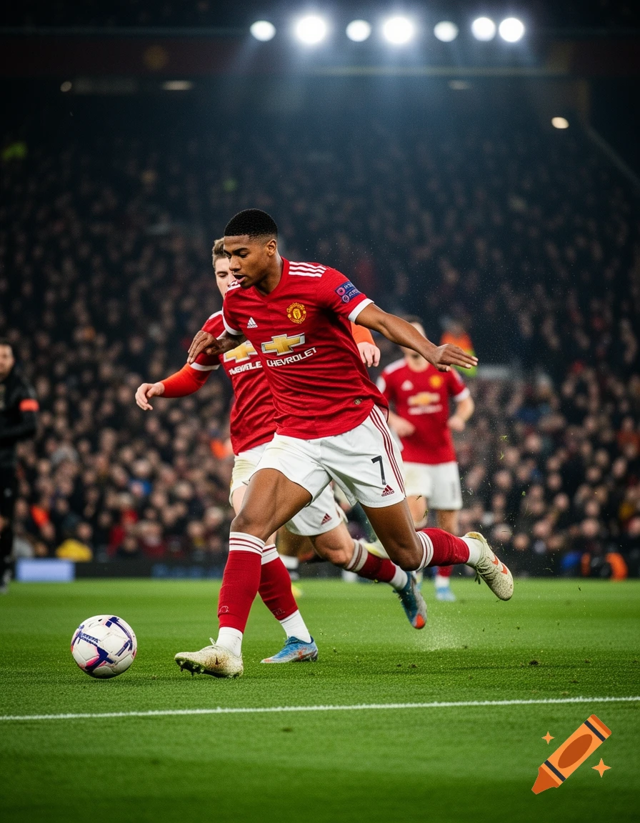 A photorealistic image of a football player in a red jersey dribbling the ball on a green pitch in a crowded stadium at night.