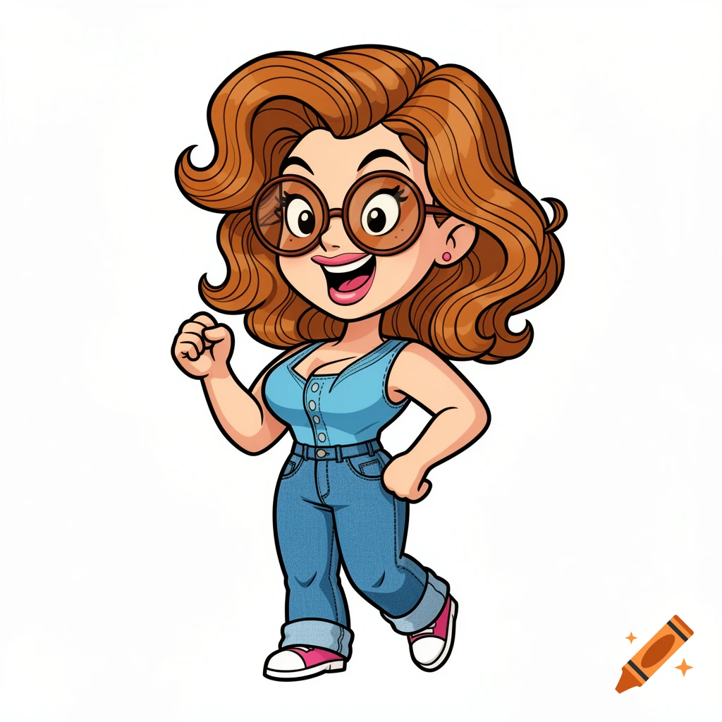 A vibrant cartoon woman with reddish-brown wavy hair, round glasses, blue top, and jeans smiles while walking in a 90s animation style.