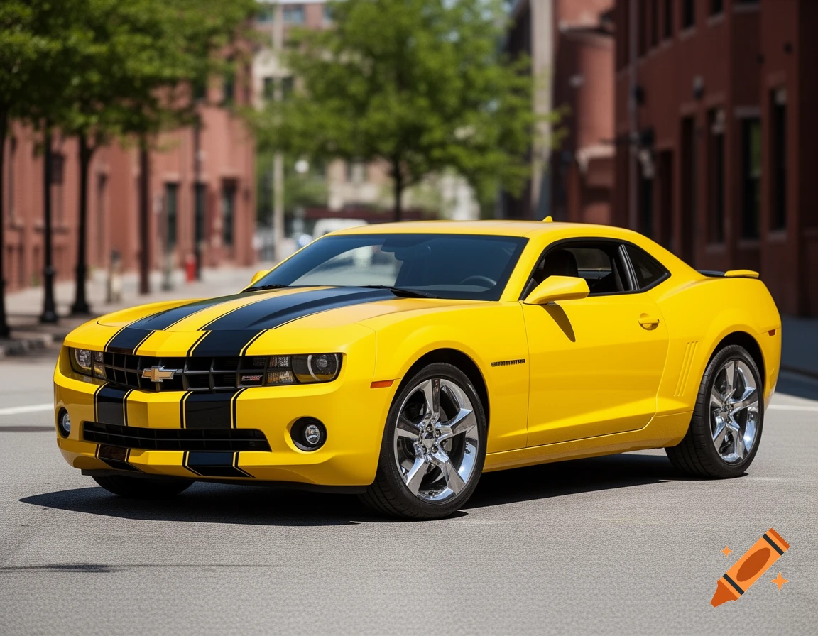 A photorealistic image of a yellow 2010 Chevrolet Camaro with two black racing stripes and silver wheels, parked on a street.
