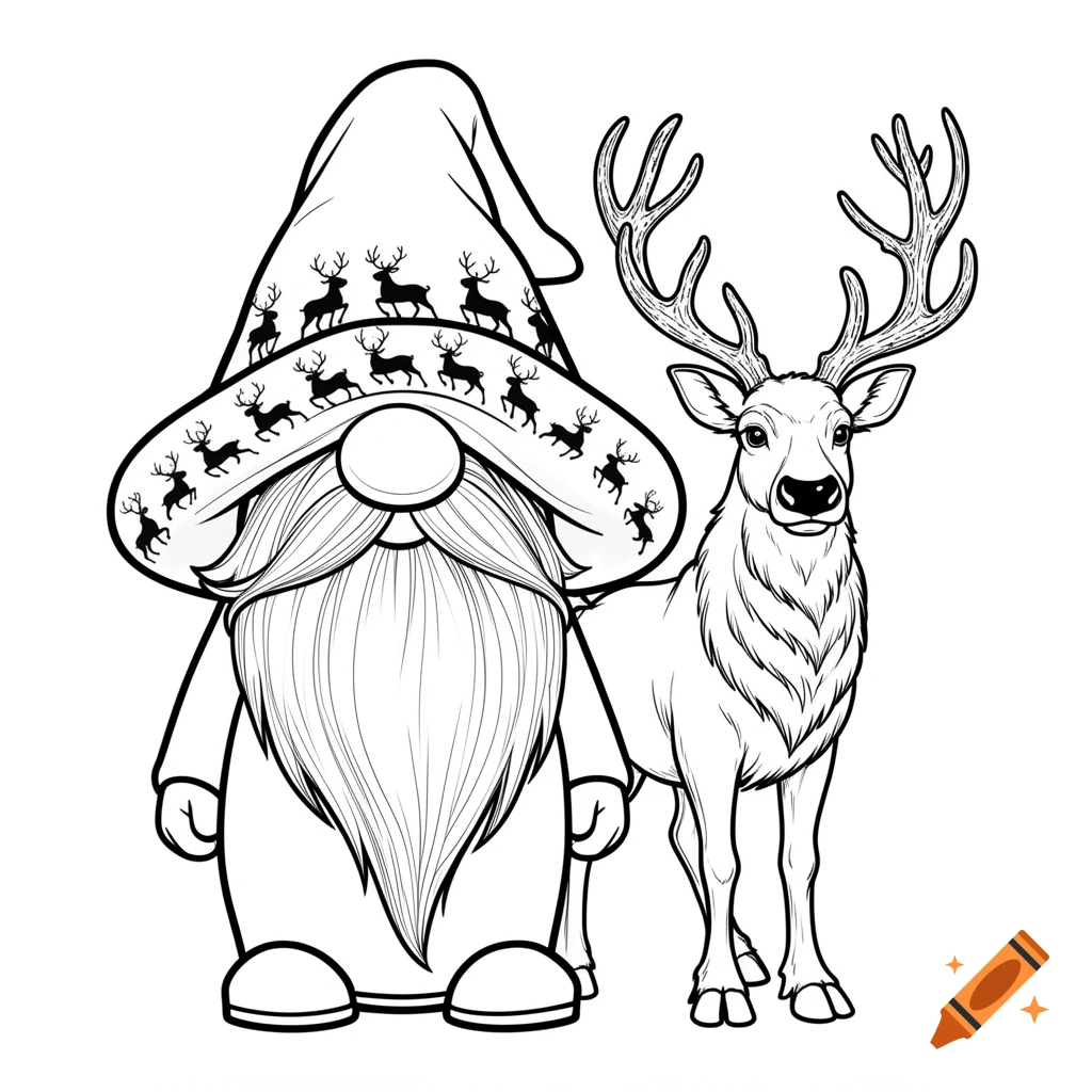 Black and white outline drawing of a bearded Scandinavian gnome with a reindeer-decorated hat standing beside a reindeer.