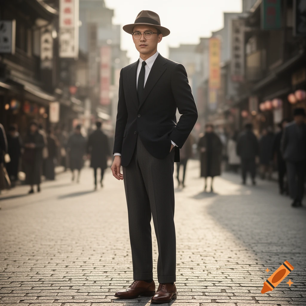 A man in a 1950s-style suit and hat stands on a cobbled street in a bustling Asian city.