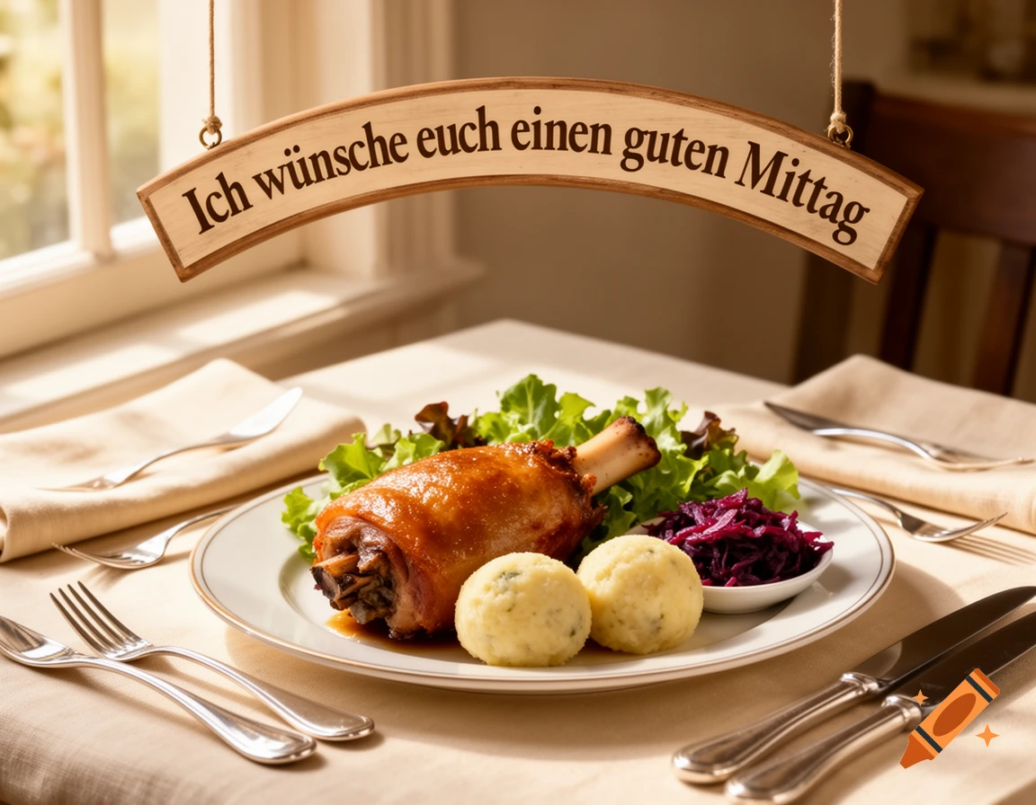 A photorealistic image of a German meal with pork hock, dumplings, red cabbage, and lettuce. A sign above reads 'Ich wünsche euch einen guten Mittag'.